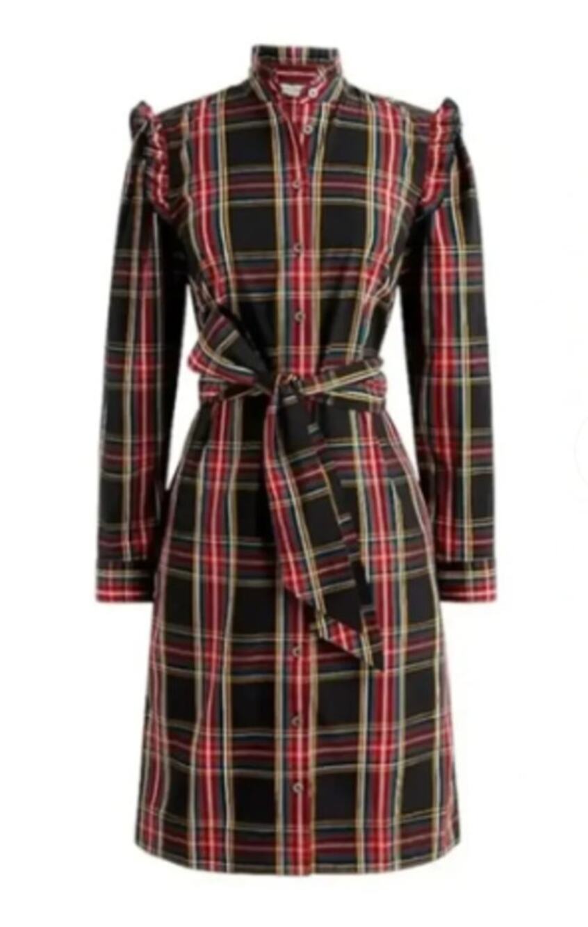 J. Crew Factory Stewart Tartan Plaid Ruffleneck Belted Shirtdress Size 6
